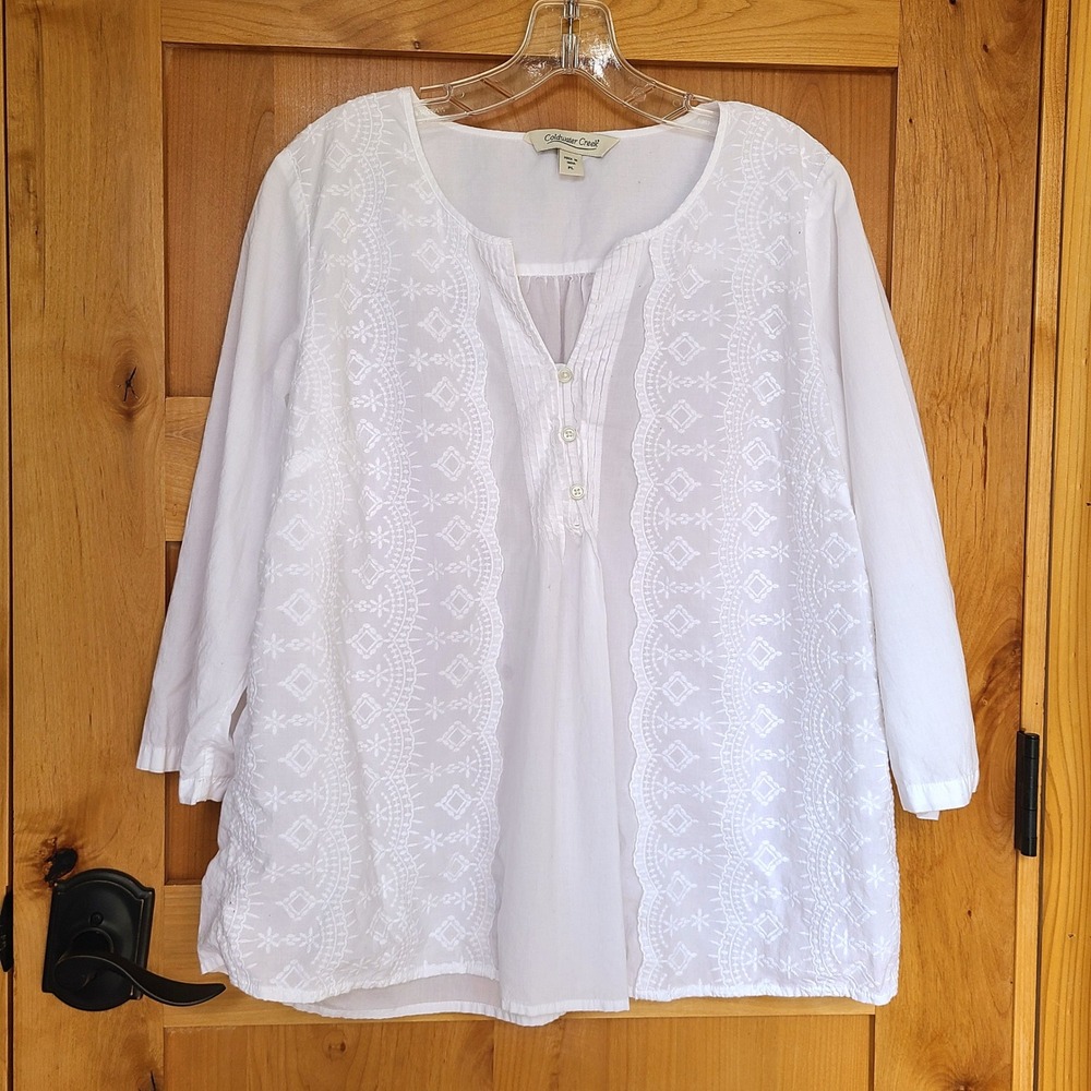 Coldwater‎ Creek Sz PL White Cotton Embroidered Lace 3/4 Sleeve Blouse V Neck L